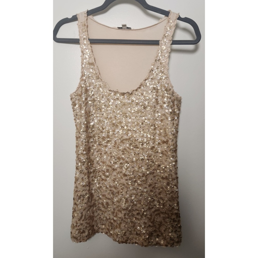 Express Gold Sequin Tank Top Scoop Neck Wide Straps Beige Cotton Modal Small